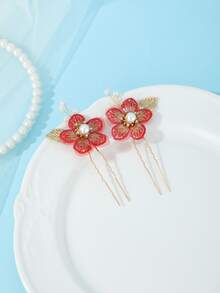 1pc Vintage Flower Hair Accessory, Handmade Embroidered Petals With Pearl And Gold Leaf Hair Pin - Red - View 4