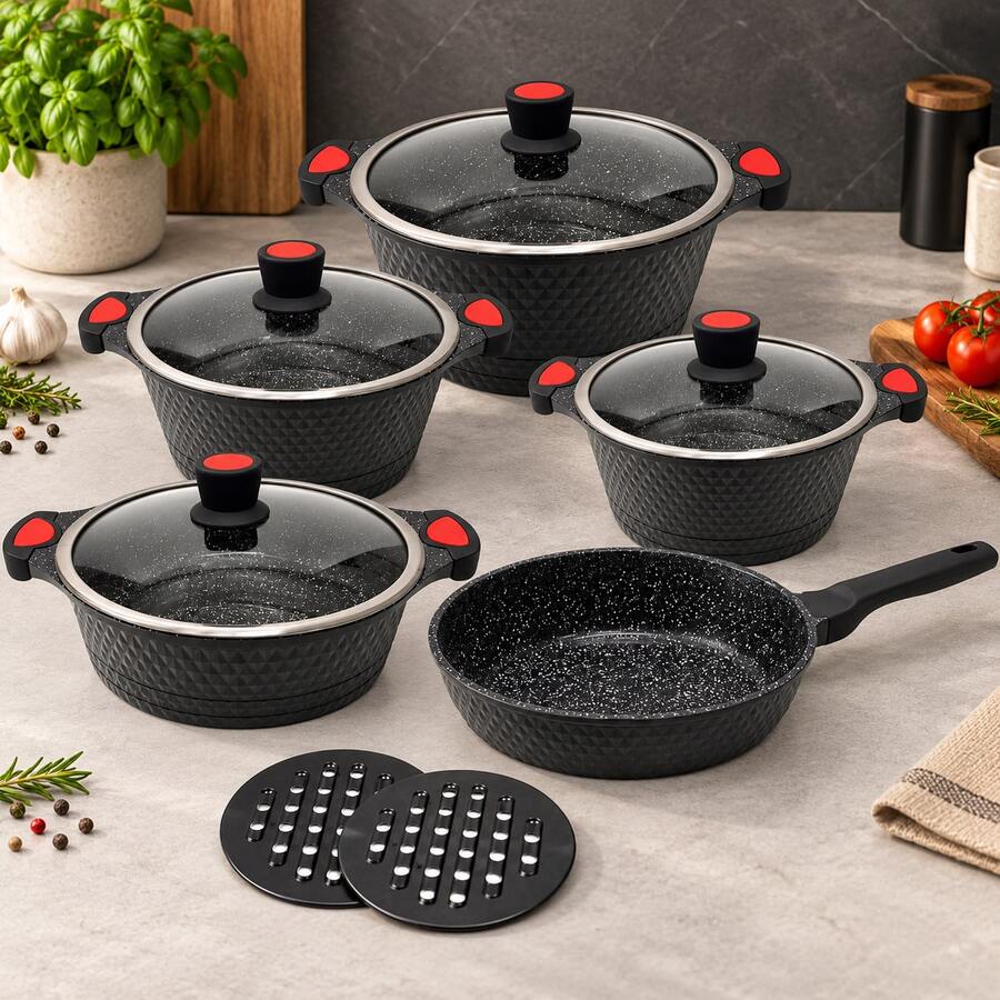 11-Piece Cooking Set With Glass Lids And Speckled Interiors, For Weeknight Dinners And Weekend Gatherings - View 1