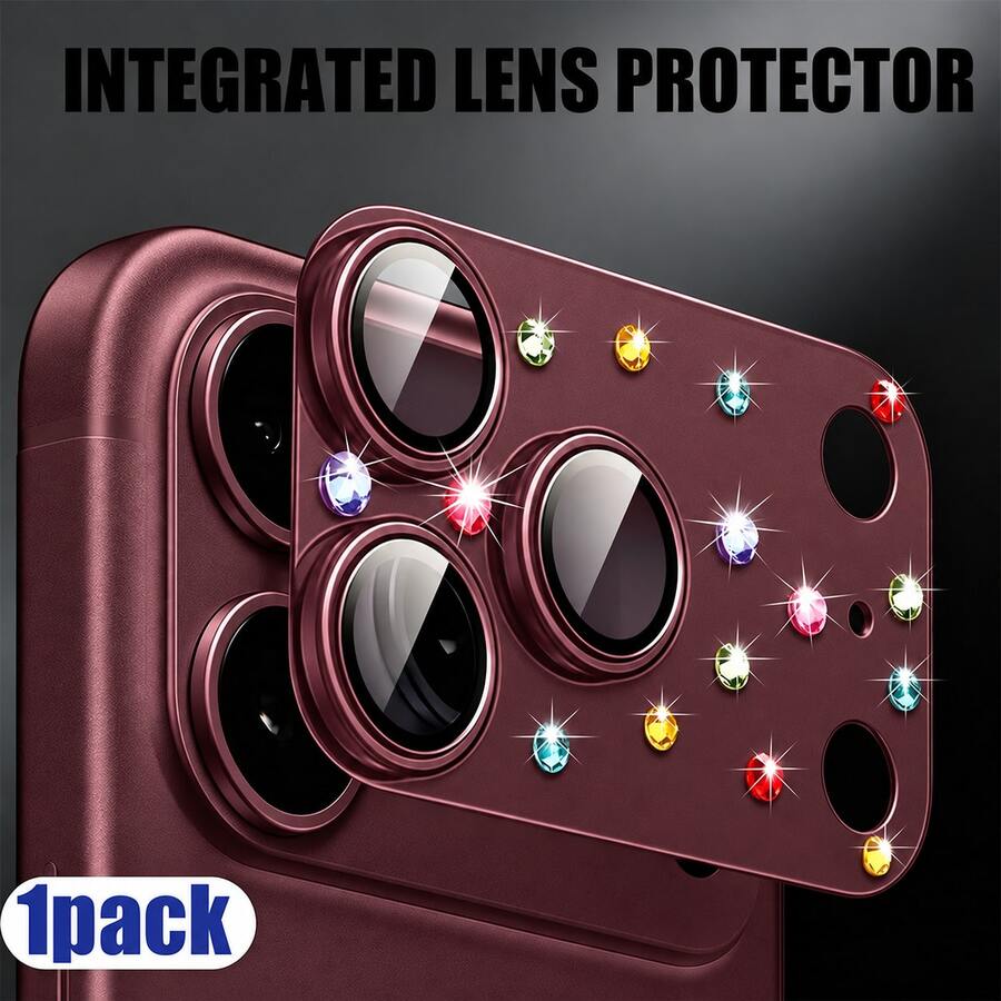 CASECOPS 1pc Burgundy Diamond Camera Lens Protector Film, Compatible With IPhone 18 Pro Max/18 Pro, Colorful Rhinestone Camera Lens Cover, 9H Tempered Glass With AR Anti-Reflection, 360° Full Coverage Protection, Shockproof Scratch-Resistant Waterproof Glue, Easy Installation, Decorative Sapphire Coating Camera Protector Film, High-Definition Photo Quality, Fashionable Phone Accessory - Burgundy - View 1