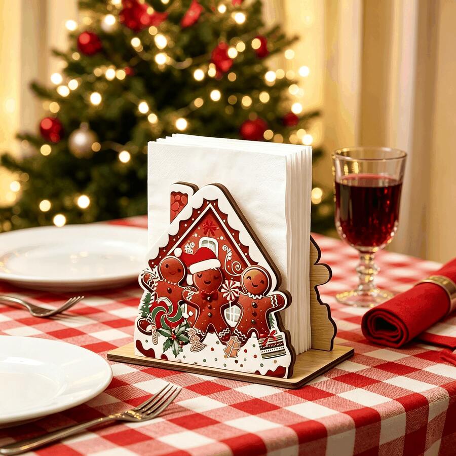 Tempat Penyimpan Serbet Kayu Bentuk Rumah Kue Jahe Natal, Dekorasi Meja Bentuk Manusia Kue Jahe, Penyimpanan Serbet Praktis untuk Suasana Liburan di Meja - A - View 1