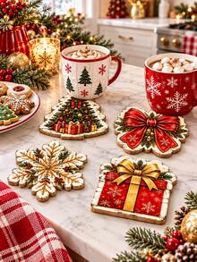 4pcs-Rustic Christmas Coasters Set Of 4, Vintage Distressed Wood Edge Xmas Tree Bow Snowflake Present Cup Coasters, Farmhouse Holiday Drink Mats For Coffee Table Kitchen Counter, Winter Xmas Party Table Decor Housewarming Gift - Multicolor - View 8