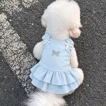 Butterfly Dog Dress With Bow Detail, Ruffle Shoulder Strap Pet Dress With Shiny Decoration And Double Layer Ruffle Hem - Blue - View 6