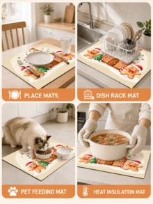 1pc Christmas House Snow Gingerbread Man Flower Kitchen Dish Drying Mat, Absorbent Dish Drying Pad, Coffee Machine Mat, Dishwashing Mat, Sink Mat, Kitchen Countertop Protector, Suitable For Cups, Plates, Tableware And Home Kitchen Decor - Multicolor - View 7