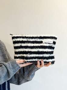 AGG,Black White Striped Plush Cosmetic Bag For Women, Large Capacity Portable Makeup Pouch, Soft Fluffy Travel Toiletry Storage Bag - Multicolor - View 10