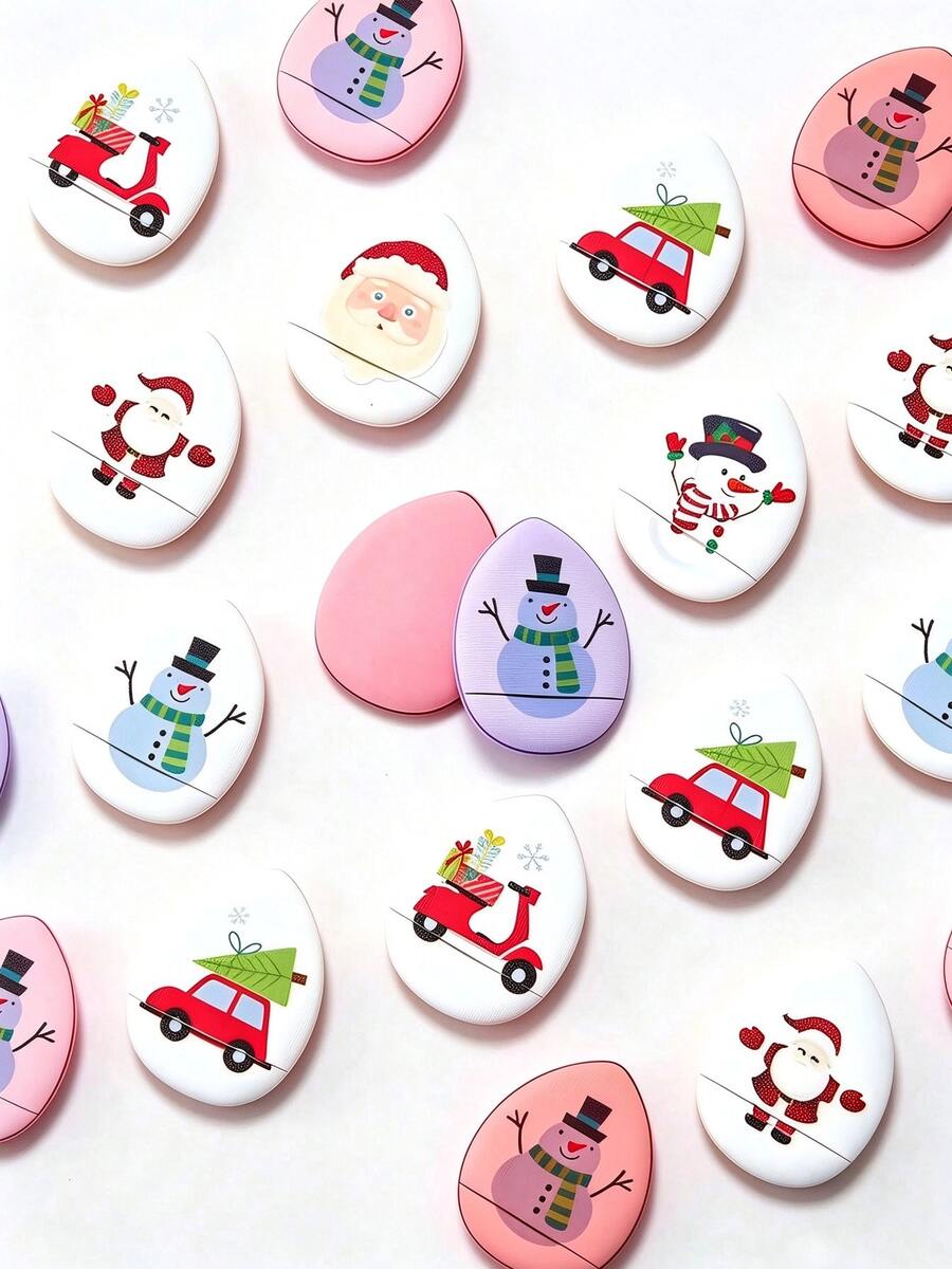 6/1pc Christmas Themed Fingertip Powder Puff, Dual Use Dry & Wet, Suitable For Makeup Application On Corners Of Mouth And Eyes, Suitable For All Skin Types, Perfect Christmas Gift - Multicolor - View 1
