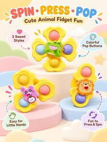 3PCS Baby Suction Cup Spinner Toys,Lion Frog & Bear, Cute Animal Sensory Spinning Toys, Colorful Rattle Balls, Fine Motor Skills Development, Window & High Chair Toys, Early Learning Gift For Babies & Toddlers, Birthday Christmas Gift - Yellow - View 11