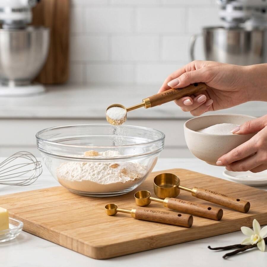 Bộ 4 thìa đong màu vàng bằng thép không gỉ chịu lực, dùng cho nguyên liệu lỏng và khô, nấu ăn và làm bánh, kèm hộp quà - Màu be - Xem 1