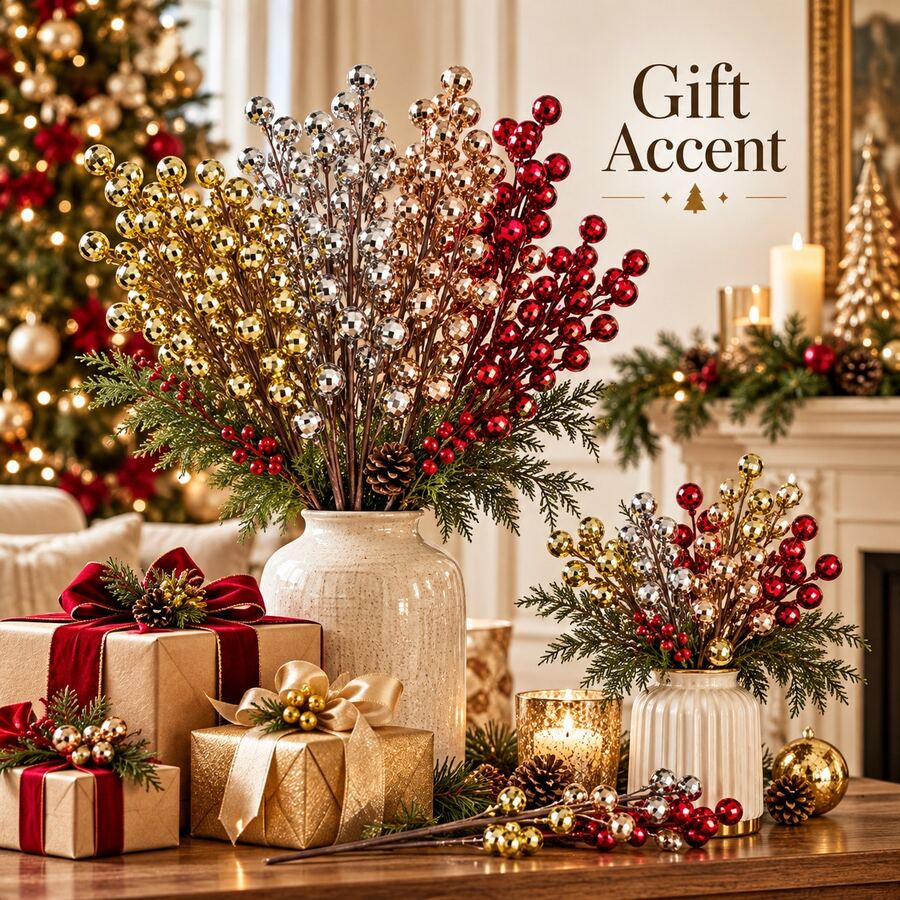 Christmas Decorative Berry Branch 70cm 5PCS Metallic Holiday Stems - Multicolor - View 1