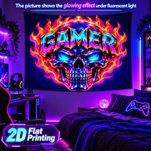 2D Flat Pattern, Single Piece, Game Theme Skull Flame Tapestry, Neon Colors, Glowing Skull Flame, Game Theme Letter Pattern, Glows Under Fluorescent Light, Wall Decor Tapestry, Gaming Room Backdrop, Party Decoration - Multicolor - View 6