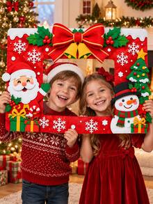 Christmas Photo Booth Props, Felt Photo Frame With Santa Claus Snowman Christmas Tree Red Bow Bells Gift Snowflake, Holiday Selfie Frame For Kids Family Xmas Party Decorations - E - View 3