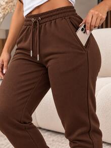 Pantalones deportivos pans pants dama mujer casuales casual pantalón wide leg pierna ancha estilo deportivo bolsas bolsillos funcionales tela cómoda suave cintura elástica ajuste holgado - Marron - Ver 2