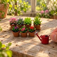 Mini Succulent And Flower Potted Plant Model Set With Red Watering Can Miniature Decor, Pastoral Garden Micro Landscape Accessories, Desktop Display Decoration - one-size - View 9