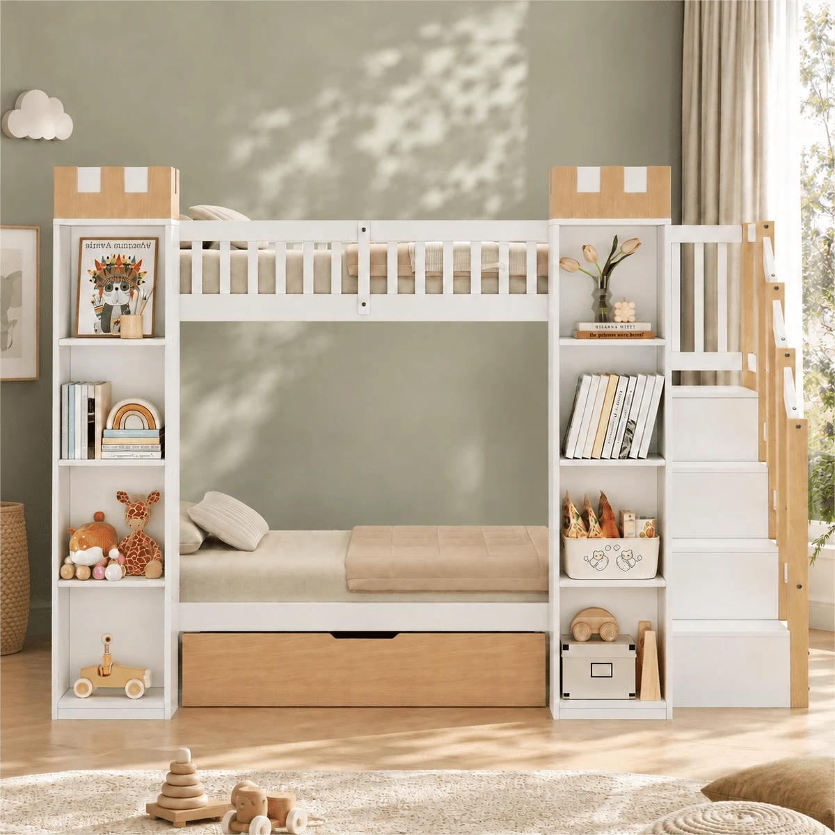 Bunk Bed, Loft Bed, Kids' Bed, 90x200 Cm Wooden Bed With Drawer, Safety Rails And Ladder With Storage, Castle-Shaped Storage, White+Natural Color - White - View 1