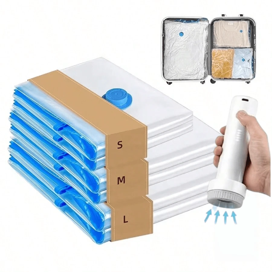 Grup Erik 3pcs Vacuum Compression Travel Storage Bag Set, Includes 2 Storage Bags And Free Air Pump, Multiple Sizes Available, Space-Saving Airtight Organizer Bags, Suitable For Clothes, Blankets, Pillows, Suitcase Packing, Moving And Closet Storage