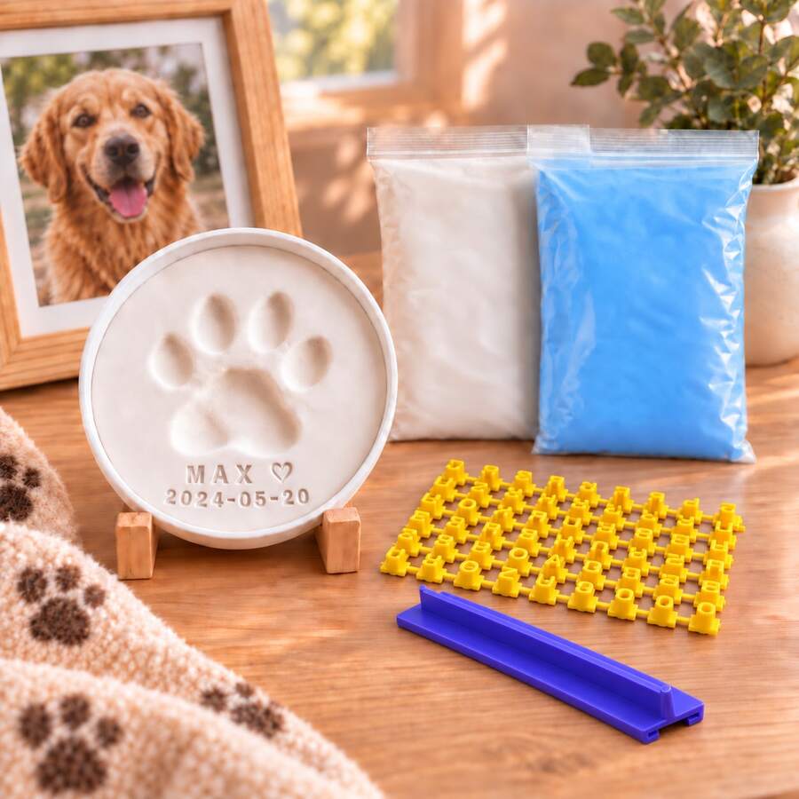 DIY Pet Paw Print Memorial Kit, Suitable For Dogs And Cats, White And Blue Clay With Letter Stamps And Round Molds, Pet Memorial Gift - 5 Pcs - View 1