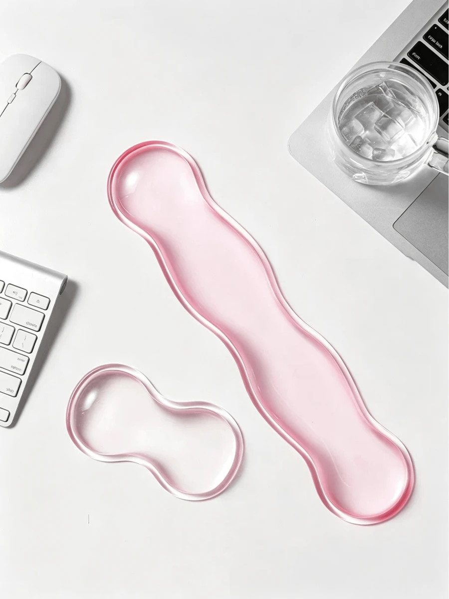 1 Set Pink Crystal Clear Wave Shape Wrist Rest Pad For Mouse Pad, Keyboard Palm Rest, Wist Support Cushion - Cool & Comfortable - View 1