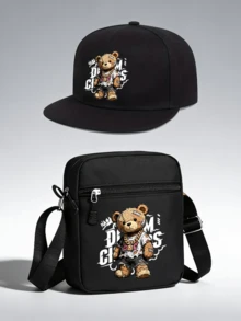 1pc/2pcs Hip Hop Bear Pattern Print Unisex Street Fashion Outdoor Sports Baseball Cap And Crossbody Bag, Adjustable, Gift For Yourself Or Friends - Multicolor - View 1