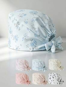 1pc Women's Foam Embroidered Butterfly Rose Floral Print Tie-Up Work Cap, Side Button Design Adjustable Headwrap Hat, Breathable Dust-Proof Beauty Salon Kitchen Protective Cap - Foam Rose Flower - View 6