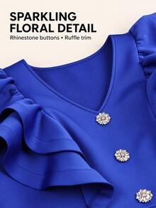 Gaun Midi Peplum Lengan Panjang Warna Biru Royal Elegan Ukuran Plus, Leher V, Bahu Berumbai Bertingkat, Kancing Berlian Imitasi, Gaun Formal untuk Pesta Gereja - Biru - View 4