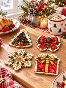 4pcs-Rustic Christmas Coasters Set Of 4, Vintage Distressed Wood Edge Xmas Tree Bow Snowflake Present Cup Coasters, Farmhouse Holiday Drink Mats For Coffee Table Kitchen Counter, Winter Xmas Party Table Decor Housewarming Gift - Multicolor - View 2
