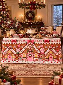 Christmas Table Skirt, Gingerbread House Candy Cane Peppermint Gingerbread Man Print Polyester Table Cover For Dessert Table Buffet, Xmas Holiday Party Dining Room Home Decorations - C - View 9