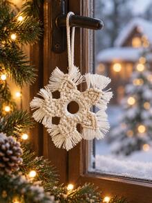 1pc Christmas Snowflake Hanging Decor Boho Style White Rope Design Rustic Holiday Decoration Winter Wonderland Home Accent Christmas Tree Door Window Fireplace Gift Wrapping Party Decor Seasonal Celebration - Style 4 - View 4