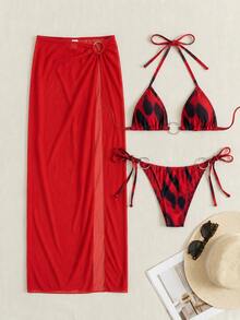 SwimNova Vacation Red Abstract Pattern Halter Bikini Set O-Ring Accent Semi Sheer High Slit Maxi Cover Up Skirt 3 Pieces Bathing Suit - Multicolor - View 2