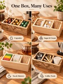1pc, Paulownia Wood Minimalist Retro Wooden Coffee Capsule Storage Box, Rectangular Open 3-Compartment Design, Light Natural Wood And Dark Wood Color Options, Clear Wood Grain Appearance With Raised Edges And Independent Dividers, Can Store Coffee Capsules, Coffee Creamers, Sugar Packets, Stirrers, Tea Bags And Small Coffee Accessories, Open Structure For Easy Viewing And Access - Multicolor - View 5