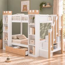 Bunk Bed, Loft Bed, Kids' Bed, 90x200 Cm Wooden Bed With Drawer, Safety Rails And Ladder With Storage, Castle-Shaped Storage, White+Natural Color - White - View 4