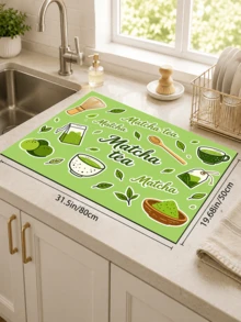 1pc Matcha Tea Fresh Japanese Style Dish Drying Mat, Absorbent Dish Drying Pad, Coffee Machine Mat, Dishwashing Mat, Sink Mat, Kitchen Countertop Protector, Suitable For Cups, Plates, Tableware And Kitchen Decor - Multicolor - View 16