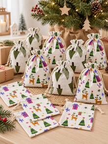 Christmas Drawstring Gift Bags, 5.51in X 3.93in, Reusable Fabric Pouches With Random Festive Tree, Reindeer & Present Prints, Small Holiday Gift Wrapping Bags For Jewelry, Party Favors, Stocking Stuffers & Christmas Table Decorations - Christmas Gift Bag Style C - View 4