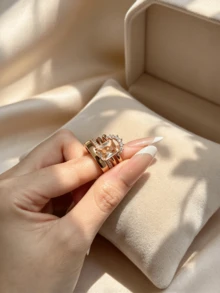 18K Gold Plated Rectangular Crystal Stackable Ring Set For Women, Multi-Layer CZ Rhinestone Thick Band, Copper Personalized Finger Jewelry - Gold - View 4