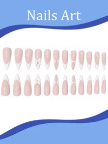 24pcs Long Thin High Heel Press-On Nails White French Tip Pointed Nails Extra Long Almond Shape Minimalist Style Glossy Full Coverage Women's Daily Wear Summer Manicure - White - View 2