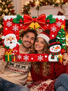 Christmas Photo Booth Props, Felt Photo Frame With Santa Claus Snowman Christmas Tree Red Bow Bells Gift Snowflake, Holiday Selfie Frame For Kids Family Xmas Party Decorations - E - View 1