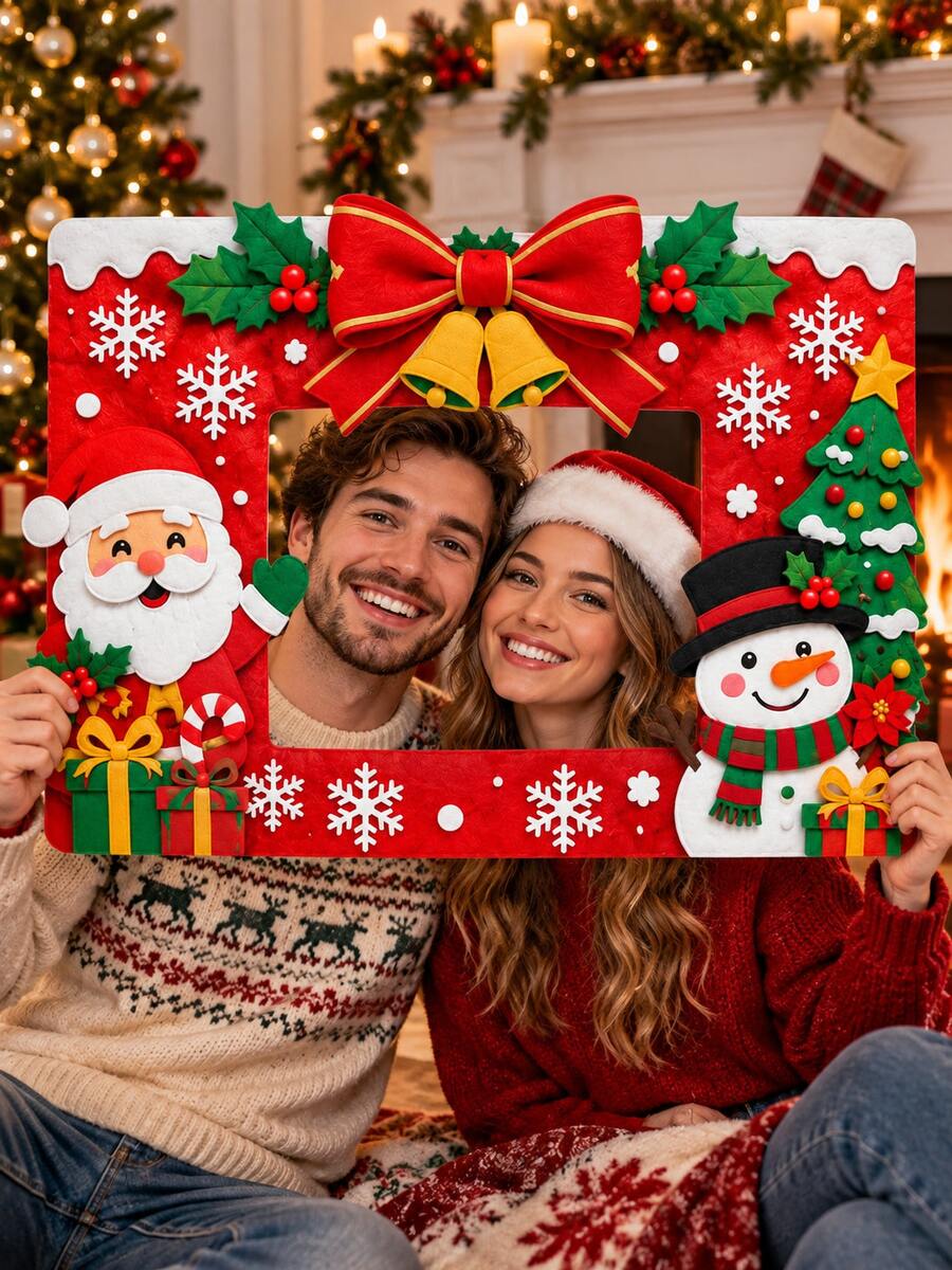 Christmas Photo Booth Props, Felt Photo Frame With Santa Claus Snowman Christmas Tree Red Bow Bells Gift Snowflake, Holiday Selfie Frame For Kids Family Xmas Party Decorations - E - View 1
