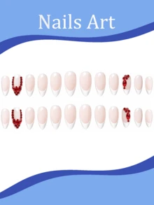 24pcs Medium Almond Shape Press-On Nails, Red French Tip With Rhinestone Design, Elegant Glossy Full Coverage, Women's Fake Nails, Suitable For Daily Wear, Party, Date, Autumn/Winter - Multicolor - View 2