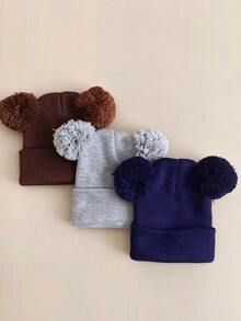 3pcs Infant Toddler Kids Knitted Double Pom-Pom Ear Ion Beanies, Thin & Warm, Solid Color, Versatile, Suitable For Spring, Autumn, Winter - Multicolor - View 8