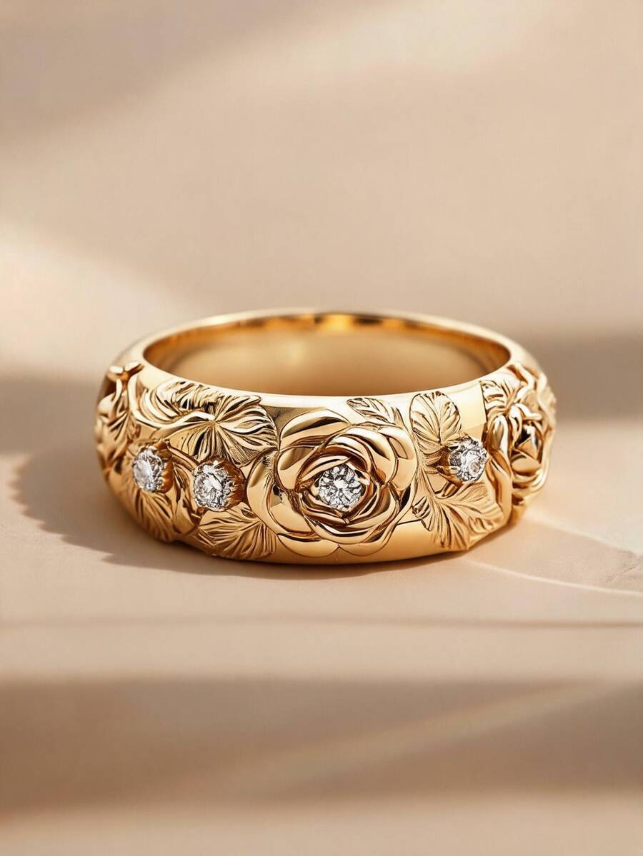 18K Gold Plated Vintage Palace Style Zirconia Carved Ring, Women's Ring ...
