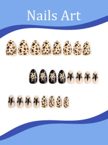 24pcs Short Oval Press-On Nails, Black & Leopard Print Star Design, Vintage Glossy Full Coverage, Suitable For Women, Y2K Style, Daily Wear, Party & Date, Autumn/Winter Fake Nails - Multicolor - View 2