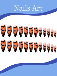 24pcs Almond Shaped Nail Art Set, Halloween Nail Art Set, Black French Tip And Bat Pattern With Pumpkin Color Blood Drip Effect Pattern, Reusable Fake Nails. Suitable For Women's Daily, Holiday And Party Wear, Includes 1pc Jelly Glue And 1pc Nail File - Multicolor - View 2
