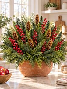 35pcs Artificial Christmas Greenery Stem Set, Includes Pine Branches, Cedar Branches, Red Berry Decorative Stems And Pine Cone Stems, Bendable DIY Winter Floral Decoration, Suitable For Vases, Flower Pots, Window Boxes, Table Centerpieces And Porch Decor - Multicolor - View 7