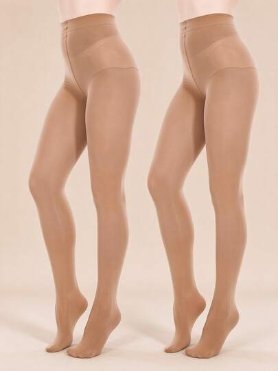 2 Pairs 80D Spring/Autumn High Waist Elastic Nude Tights, Snag-Resistant, Durable, Slimming, Shaping, Everyday Base Layer Pantyhose