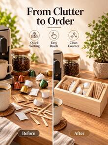 1pc, Paulownia Wood Minimalist Retro Wooden Coffee Capsule Storage Box, Rectangular Open 3-Compartment Design, Light Natural Wood And Dark Wood Color Options, Clear Wood Grain Appearance With Raised Edges And Independent Dividers, Can Store Coffee Capsules, Coffee Creamers, Sugar Packets, Stirrers, Tea Bags And Small Coffee Accessories, Open Structure For Easy Viewing And Access - Multicolor - View 4