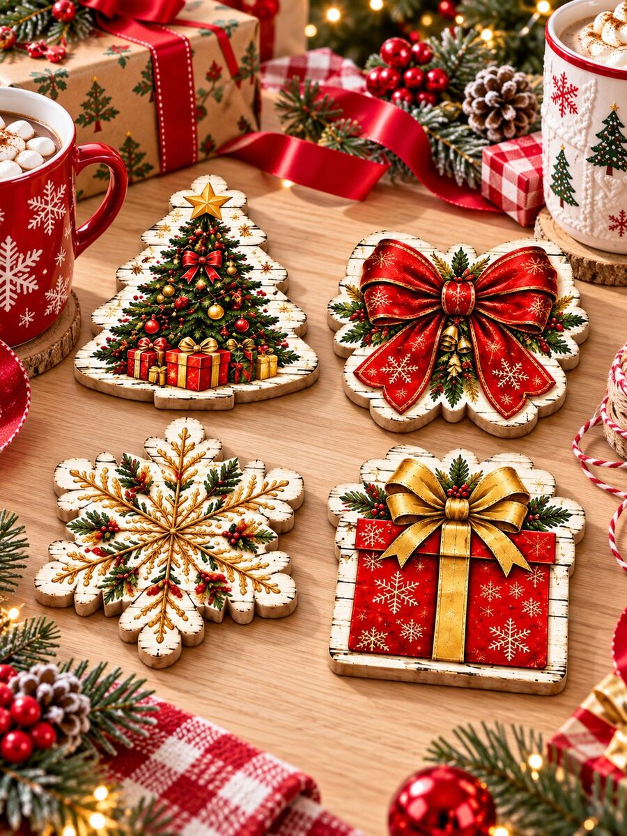 4pcs-Rustic Christmas Coasters Set Of 4, Vintage Distressed Wood Edge Xmas Tree Bow Snowflake Present Cup Coasters, Farmhouse Holiday Drink Mats For Coffee Table Kitchen Counter, Winter Xmas Party Table Decor Housewarming Gift - Multicolor - View 1