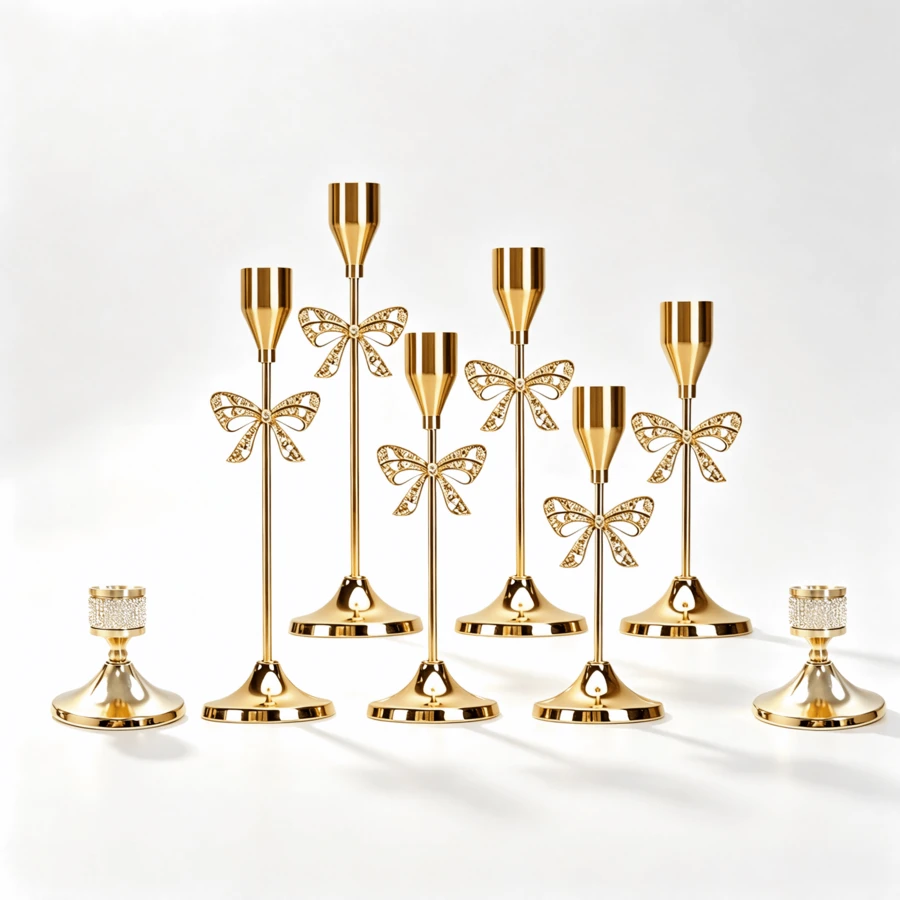 WAXJJDW Elegant Gold Bow Crystal Candle Holder Set, Multi-Height Metal Candle Stands, Suitable For Wedding, Christmas, Halloween, Thanksgiving, New Year Party Home Tabletop Decor - Romantic Butterfly Style - View 1