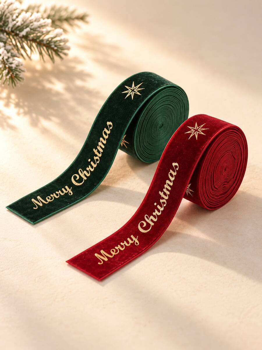 2pcs/2m Gold Merry Christmas Printed Ribbon, Luxury Metallic Fabric Satin Ribbon, Suitable For Gift Wrapping, Christmas Tree Decoration And DIY Bows, Holiday Craft Decoration Ribbon, Christmas Tree Decoration Ribbon, Gift Decoration Satin Ribbon, Christmas Wrapping Accessories - Christmas - View 1