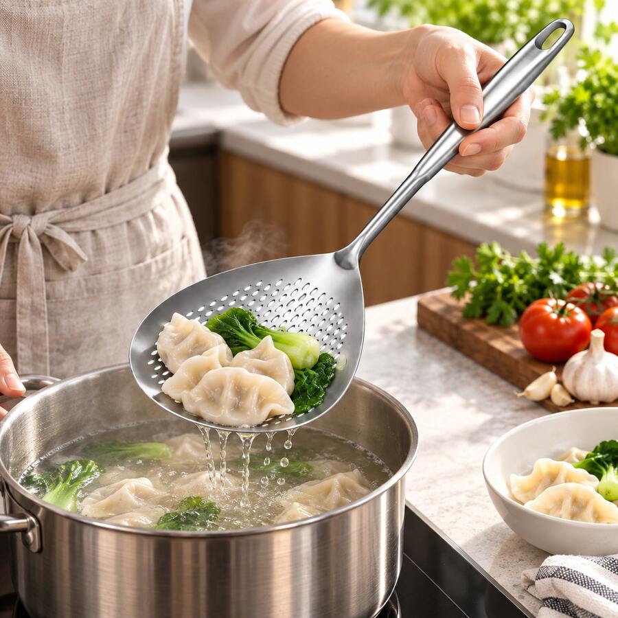 1pc/2pcs Large Stainless Steel Strainer, 37.5cm Long Handle With Perforated Mesh, Suitable For Frying, Hot Pot, Pasta And Cooking, Quick Draining, Dishwasher