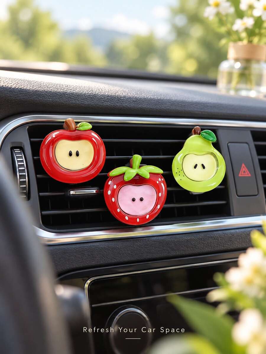 Cartoon Fruit Car Air Vent Fragrance Clip, Resin Aromatherapy Diffuser Apple Strawberry Pear Peach, Creative Car Interior Decoration Accessory, Fun Gift For Women And Girls