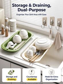 1 bộ (1 rổ lọc + 5 móc treo) rổ lọc bồn rửa phong cách Nhật Bản, chậu rửa trái cây và rau củ, giá bát đa năng có thể mở rộng và kệ lưu trữ cho nhà bếp gia đình - Bộ rổ ráo nước - Xem 1