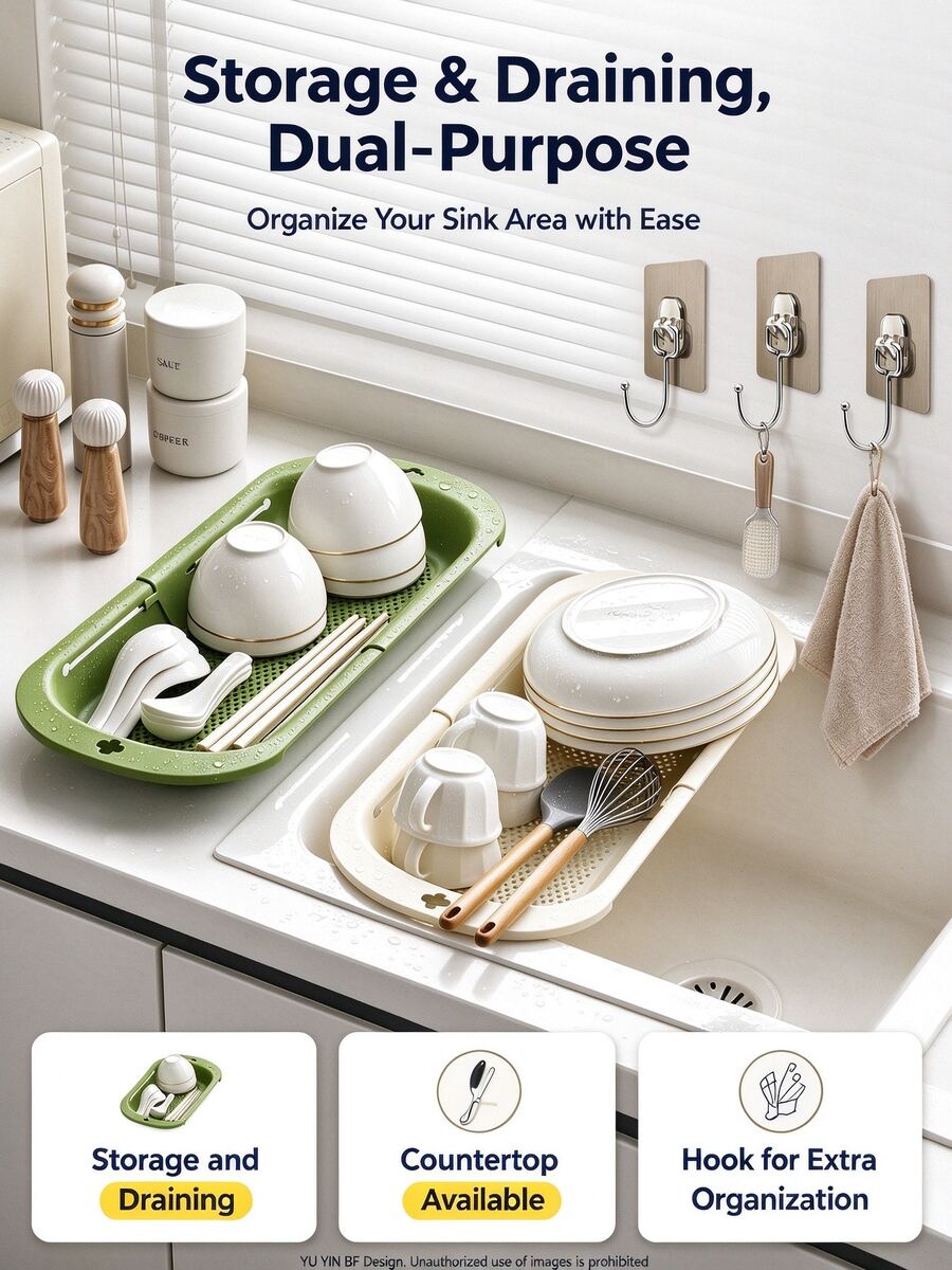 1 bộ (1 rổ lọc + 5 móc treo) rổ lọc bồn rửa phong cách Nhật Bản, chậu rửa trái cây và rau củ, giá bát đa năng có thể mở rộng và kệ lưu trữ cho nhà bếp gia đình - Bộ rổ ráo nước - Xem 1